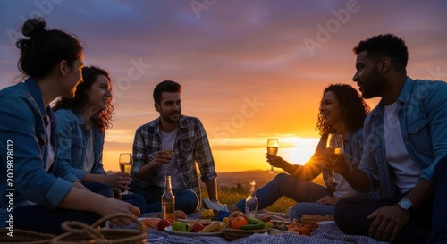 Diverse group of friends enjoying a sunset picnic with wine and food outdoors.