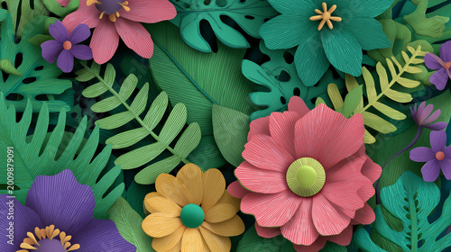 Vibrant Botanical Display: An eye-level, close-up captures a lush array of meticulously crafted floral and foliage elements, their vivid hues creating a captivating botanical display. 