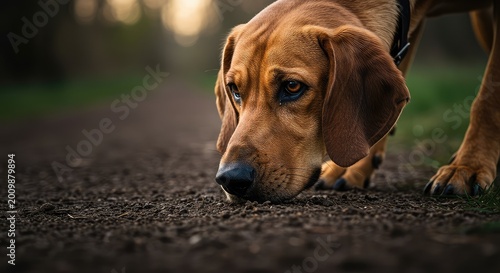 A determined hound nose to the damp earth, showcasing its powerful instinct for tracking subtle odors across the rough landscape ,nose ,alertness ,sporting