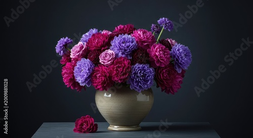 A stunning floral centerpiece featuring various shades of lush violet and magenta blossoms in a ceramic vase, perfect for decor ,lilac ,bouquet ,studio shot