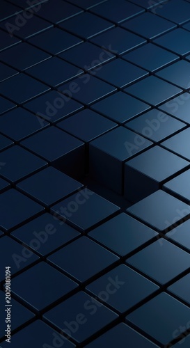 A uniform grid of dark blue cubes shows one specific empty spot, symbolizing a missing piece in a structured arrangement or sequence ,next ,planning ,continuity