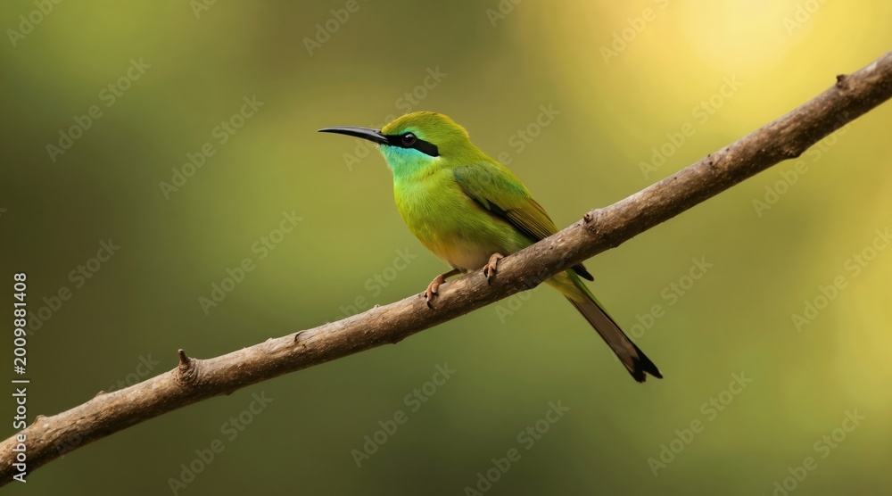 Fototapeta premium Small green bird with black beak sits on a brown tree branch. Background has blurred green and yellow colors. Wildlife scene with vibrant fauna.