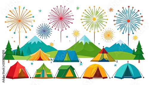 Colorful camping tents with fireworks display.
