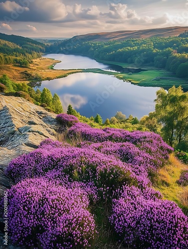 Vibrant purple heather blossoms covering a rocky slope overlooking a calm lake reflecting the sky