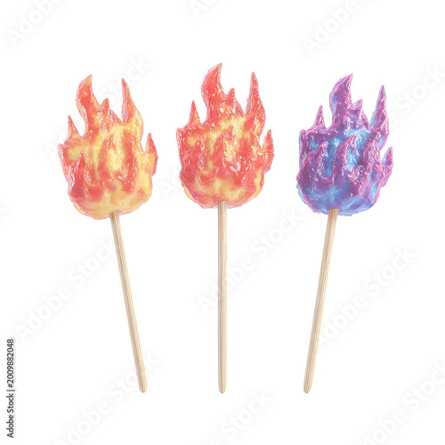 Three Lollipops Shaped Like Flames in Different Colors