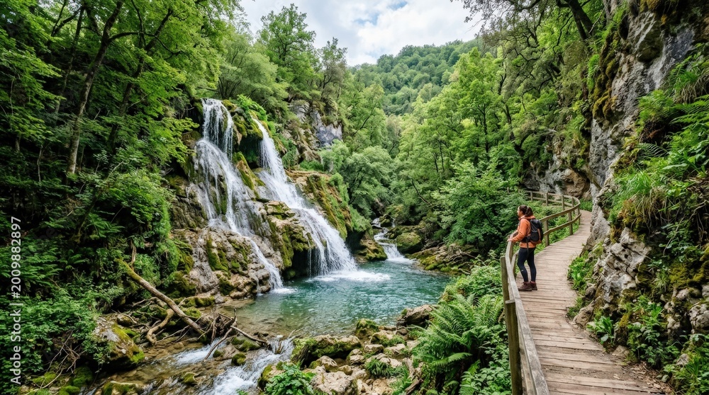 Fototapeta premium San Miguel waterfall in Burgos, Spain, scenic cascade, forest landscape and nature travel concept for tourism campaigns, editorial storytelling and destination branding, flowing water and lush rocky