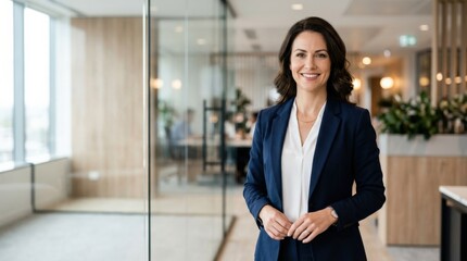 Partial view of business woman standing against neutral office background, confident corporate lifestyle concept for professionalism, leadership and modern work culture, clean composition with copy