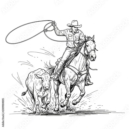 Cowboy roping a calf on horseback in a dynamic sketch style