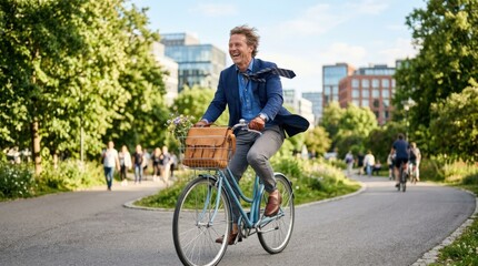 Funny businessman riding bike outdoors, playful business concept with freedom, motion, humor and casual success energy in a bright urban or park setting, soft natural light, realistic detail, clean