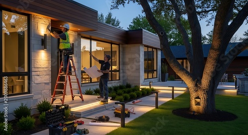 Electricians installing outdoor lighting on a modern house exterior at dusk creating ambient landscape illumination for residential property