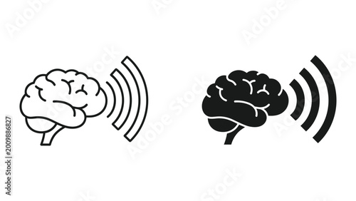 Tableau sur toile Brain with sound waves emitting from it in black and white line art style on whi