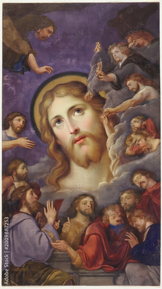 Obraz premium Biblical Scene: Jesus Christ Surrounded by Angels and Disciples in a Dramatic Religious Illustration.