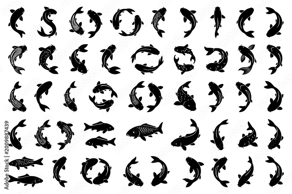 Fototapeta premium Collection of silhouetted koi fish in various poses and patterns.