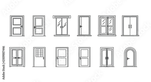 Collection of architectural door and window designs in a simple line art style