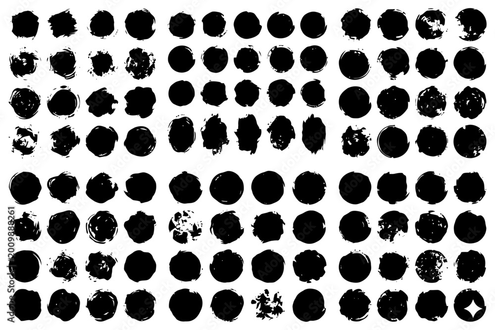 Fototapeta premium Black grunge circles pattern on white background with varied textures.
