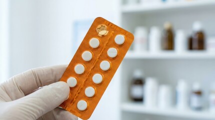 Rotation reveals orange blister pack with round tablets, textured close-up for pharmacy, dosage control, medication safety, healthcare concept, clean clinical styling, strong pharmacy or wellness