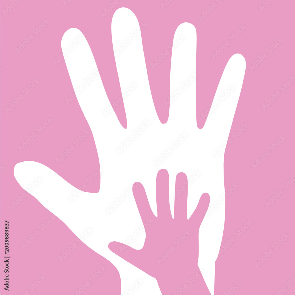 Fototapeta premium Minimal flat illustration of adult and child hands together on pink background, symbolizing parenting, family love, care, protection, support, connection, childhood, and social unity