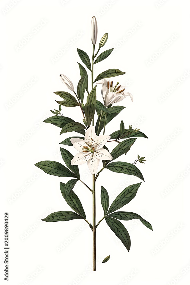 Fototapeta premium Minimal floral composition with white lilies and foliage high resolution photo