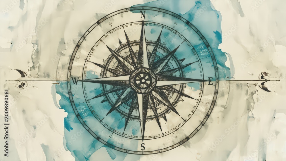 Fototapeta premium Antique Nautical Compass Rose Illustration with Watercolor Wash Background - Vintage Navigation Chart Design Element