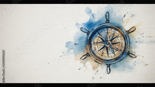 Watercolor Compass Illustration - Nautical Navigation Tool with Vintage Style and Artistic Brushstroke Texture.