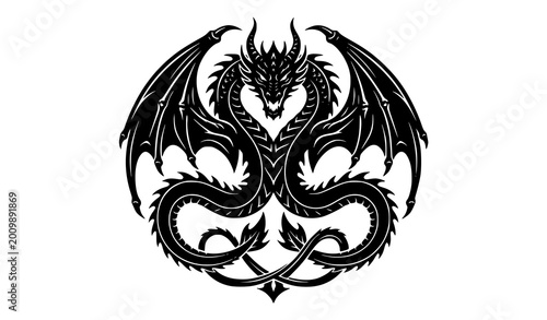 Foto Intricate Black and White Illustration of a Dragon with Twin Wings and Coiled Ta