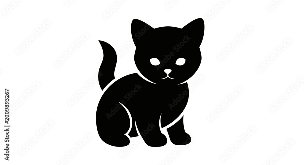 Fototapeta premium Cute Black Kitten Silhouette Icon, Sitting, White Background, Vector Art