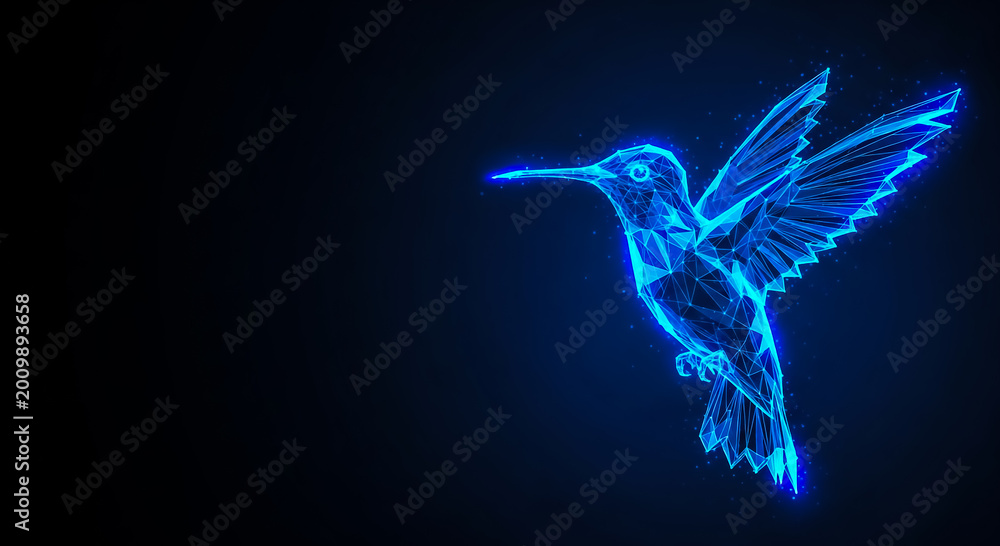 Fototapeta premium A vibrant 3D-rendered hummingbird with luminous blue neon wings and body, captured mid-flight against a dark background.