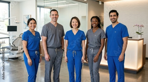 Professional dental team posing in a modern clinic setting, healthcare confidence, teamwork, oral care branding and medical practice concept for clinic marketing and editorial storytelling, polished
