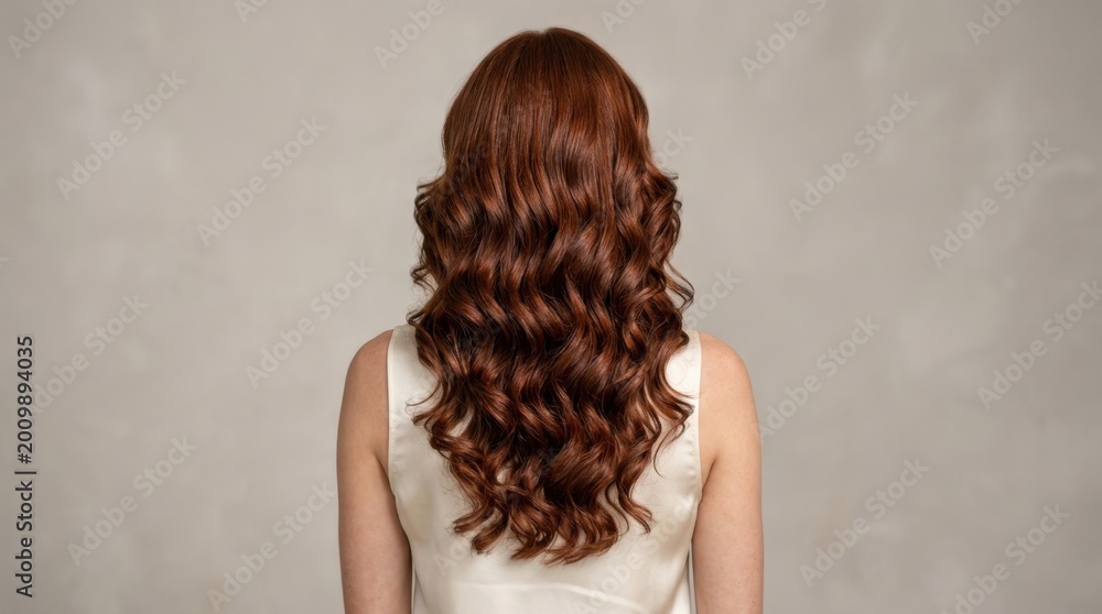 Fototapeta premium Back view of a woman with long auburn curly hair styled in soft waves, clean hairstyle showcase for salon branding, beauty campaigns, hair care promotion and editorial inspiration, healthy texture and