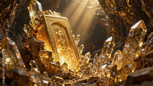 Cinematic Golden Ancient Artifact in Crystal Cavern