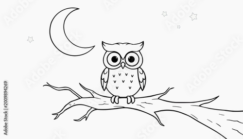 Cute owl sitting on a tree branch under the moon and stars
