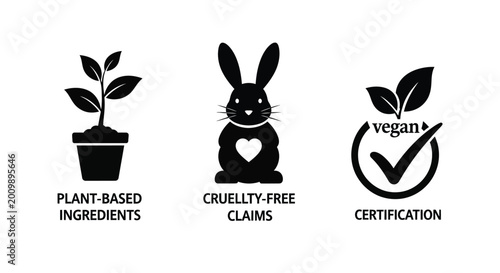 Fotografía Black icons representing plant based cruelty free products and vegan certificati