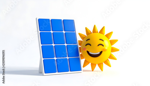Happy Sun Character Next to a Blue Solar Panel on a White Background.