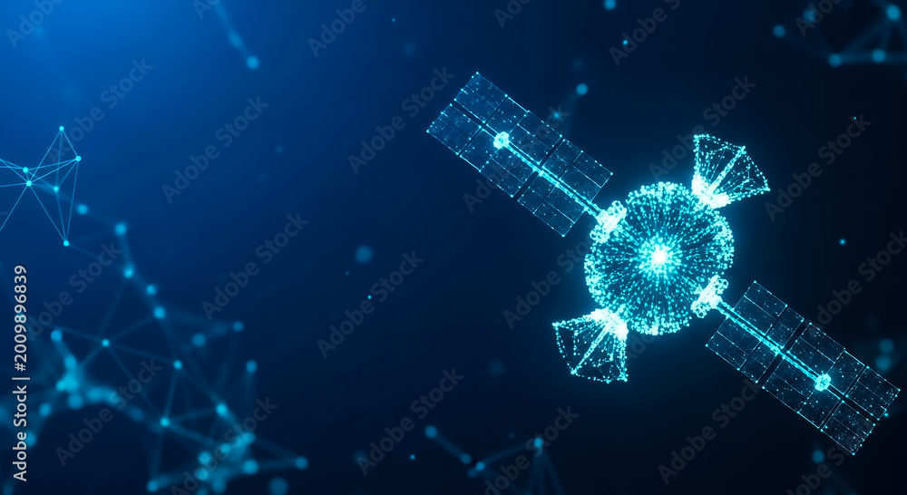 Fototapeta premium High-tech satellite emitting digital signals in a starry cosmos, symbolizing global communication and advanced technology.