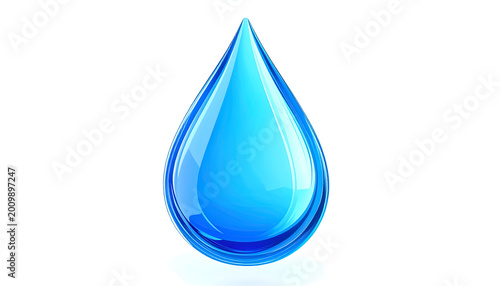 A single, clear, blue water droplet reflecting light on a white background.