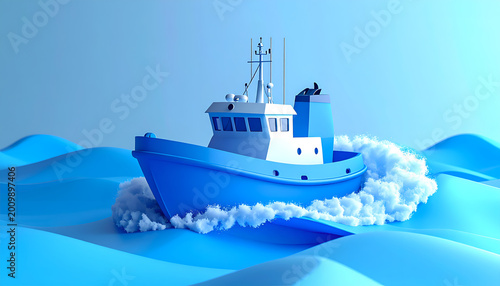 Stylized Blue Fishing Trawler Navigating Choppy Ocean Waves.