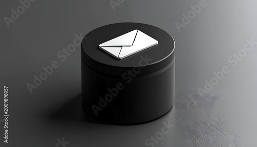 Minimalist Black Cylinder with White Envelope Icon on Top.