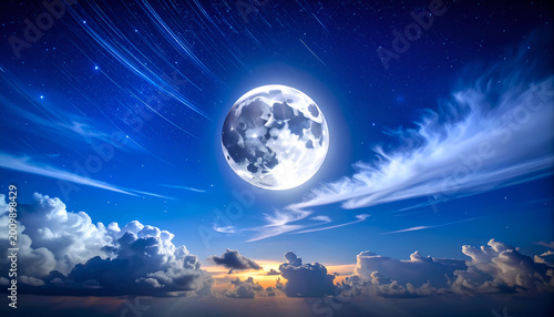 Enchanting Full Moon Illuminating Dramatic Night Sky Over Serene Ocean Horizon.
