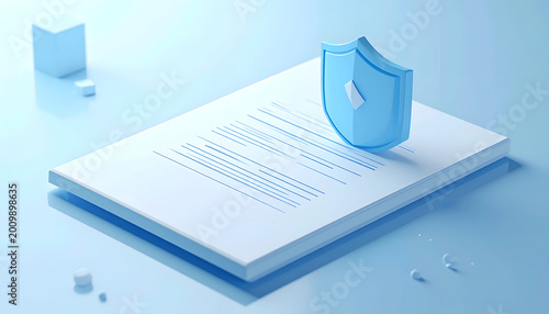 Abstract Blue Shield Protecting Document on Minimalist Background.