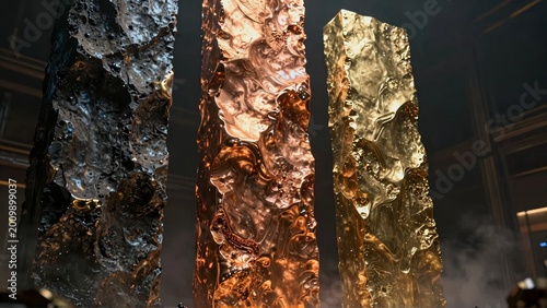 Abstract Liquid Metal Pillars in Gold Copper and Black