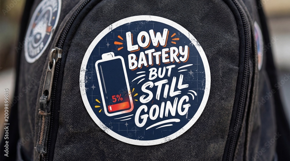 Naklejka premium Backpack with low battery still going patch showing resilience