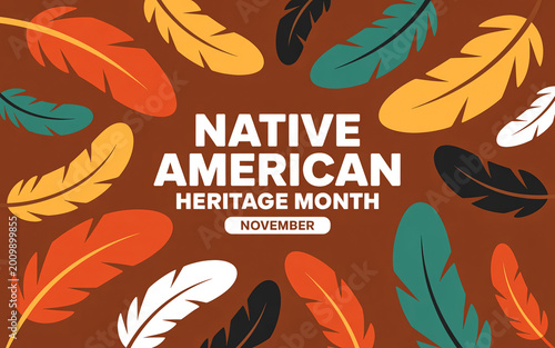 Native American Heritage Month November Poster with Colorful Feathers