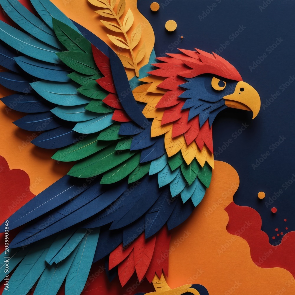 Fototapeta premium Paper cut eagle bird with vibrant colorful feathers. Majestic raptor has yellow beak and sharp eye. Wild animal artwork in bright, bold, abstract style. Symbol of freedom, power, nature.