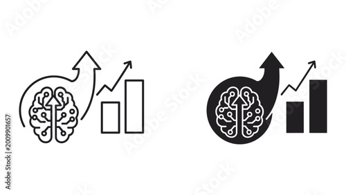 Obraz na plátne Brain with arrows and graphs in black and white on white background