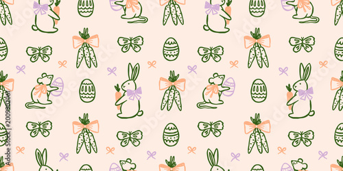 Coquette Easter vector seamless pattern. Spring holidays wrapping paper design with bunny, mouse, eggs, carrots, butterflies, bows whimsical illustrations