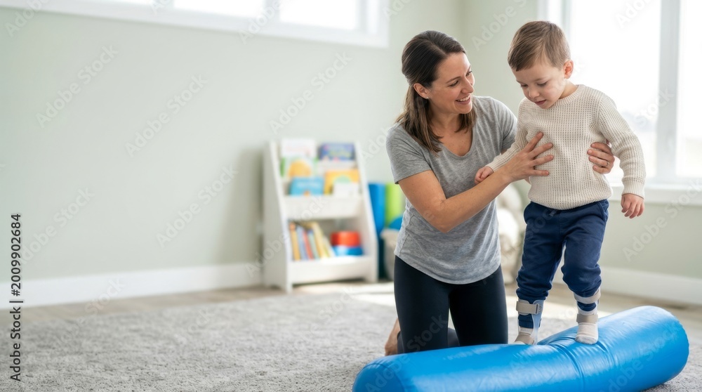 Fototapeta premium Woman therapist guiding young boy with leg braces on parallel bars during walking exercise. Pediatric physical therapy session in rehabilitation