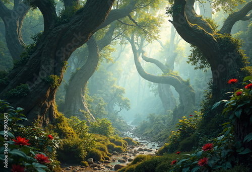 A serene, sunlit forest path winds through a dense, ancient woodland.
