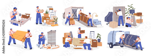 Moving service set. Packing stuff, carrying boxes, loading and unloading furn...