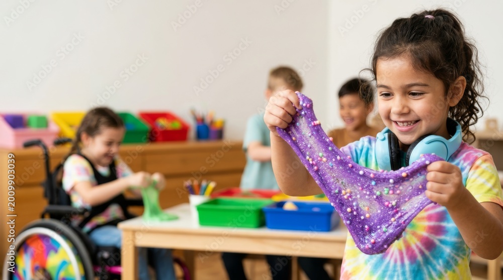 Obraz premium Autistic girl wearing noise-canceling headphones stretching colorful slime at classroom table. Sensory play activity for children with autism supporting focus