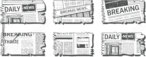 Slika na platnu Six torn newspaper fragments featuring headlines like daily news and breaking ne